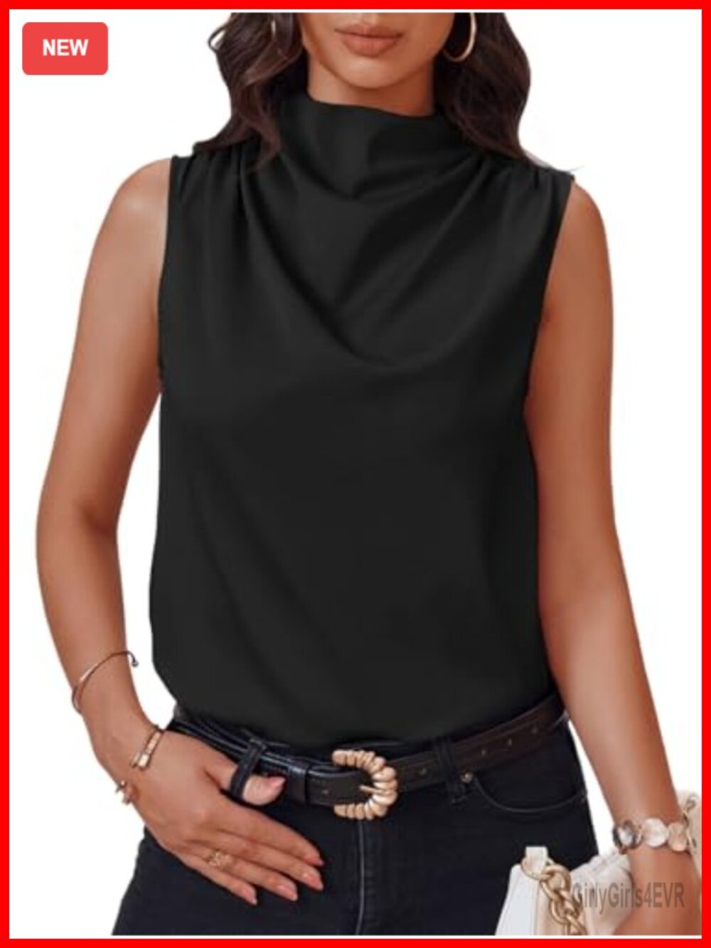 Mock Neck Satin Tank Top Ruched Sleeveless Business Casual Blouse